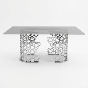 Location de Table Emporium Rectangle - Verre Fume et Metal Argente - 6 personnes - Long-180cm larg-90cm