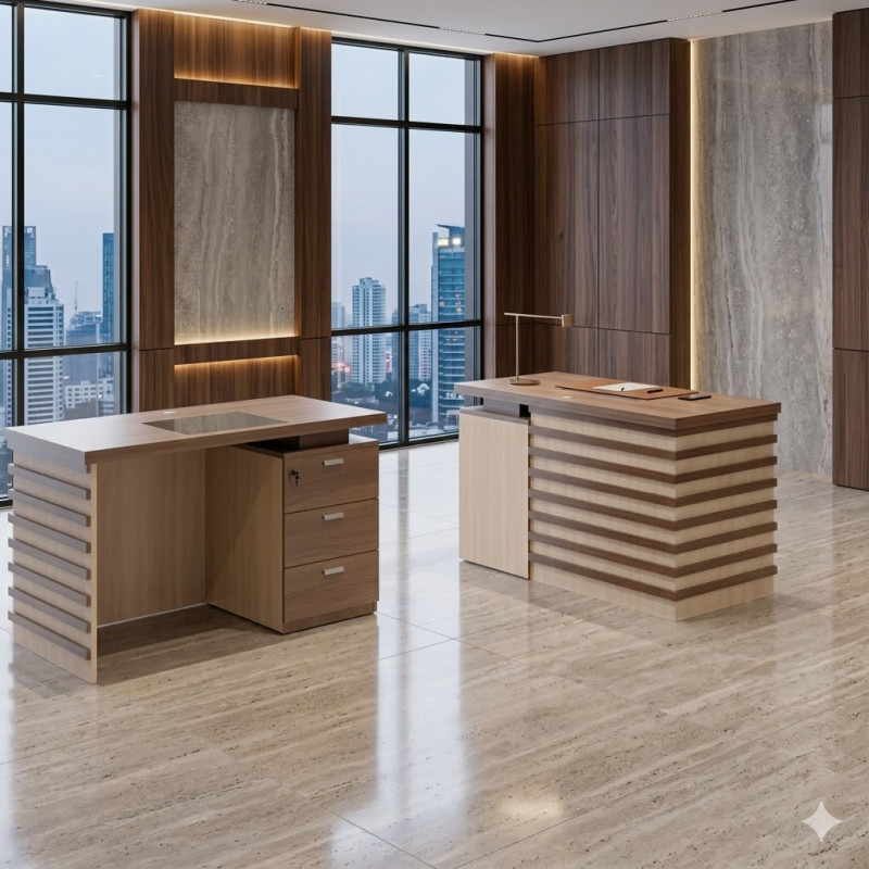 Bureau agent moderne avec design à lattes et finitions mélaminées marron-gris