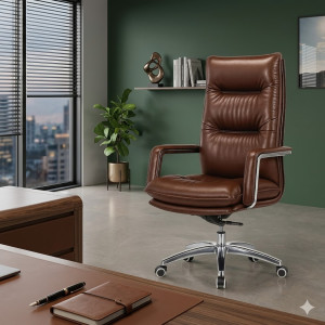 Fauteuil Exécutif Premium en Cuir Marron avec Base Chromée 1907-1 Fauteuil Exécutif Premium en Cuir Marron avec Base Chromée 1907-1