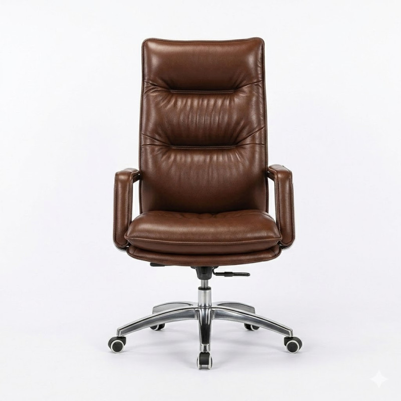Fauteuil Exécutif Premium en Cuir Marron avec Base Chromée 1907-1 Fauteuil Exécutif Premium en Cuir Marron avec Base Chromée 1907-1