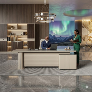 Bureau Directeur - Ministre - PDG moderne avec caisson de rangement intégré & ton beige Bureau Directeur - Ministre - PDG moderne avec caisson de rangement intégré & ton beige