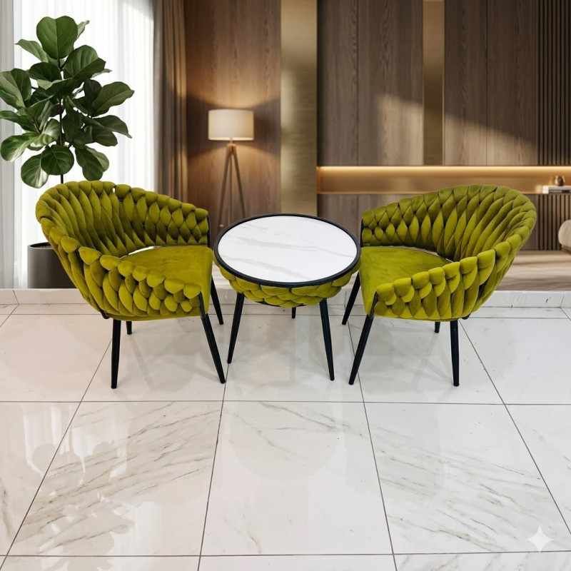 Fauteuils en velours tressé vert avec une table ronde - BZ-18 (2 + 1)