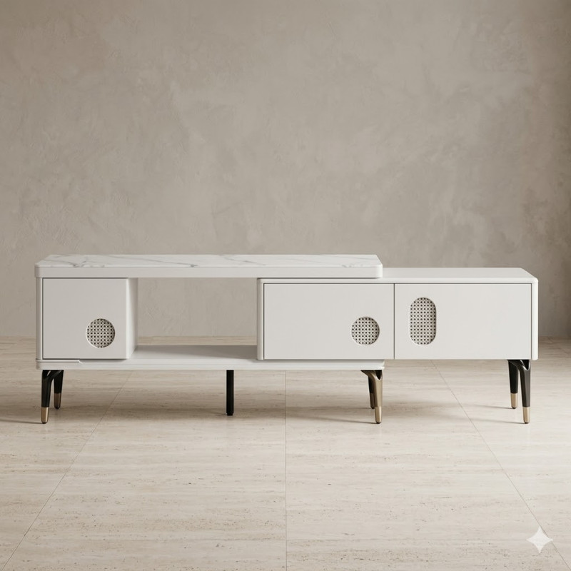 Meuble TV Moderne Blanc et Marbre – Design Contemporain avec Rangements Intégrés
