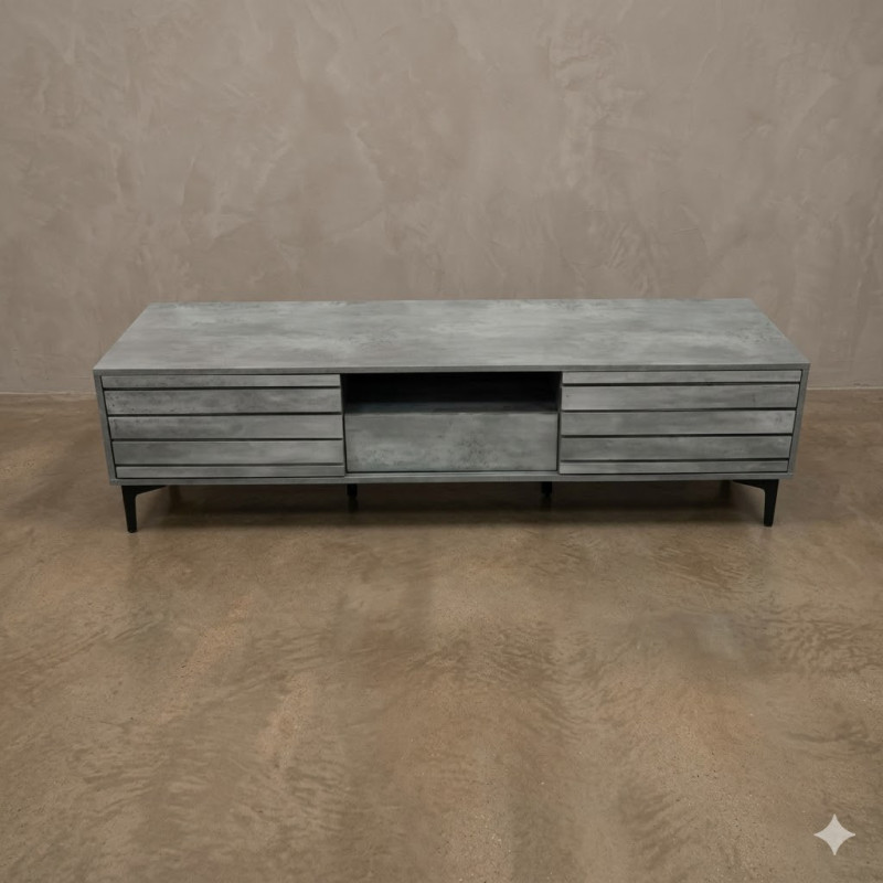 Stand TV Design Béton Ciré – Meuble TV 180 cm Effet Gris Texturé