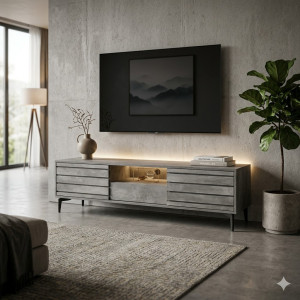 Stand TV Design Béton Ciré – Meuble TV 180 cm Effet Gris Texturé