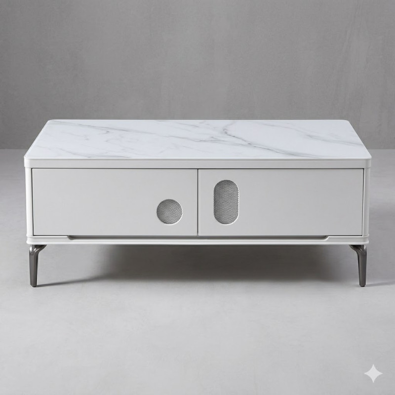 Table Basse Contemporaine Marbre Blanc avec Rangements Intégrés