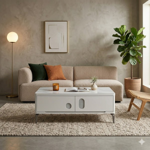 Table Basse Contemporaine Marbre Blanc avec Rangements Intégrés