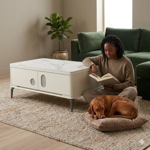 Table Basse Contemporaine Marbre Blanc avec Rangements Intégrés