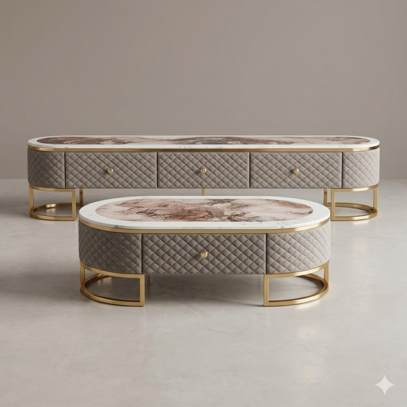 Stand TV et Table Centrale Marbre Taupe – Collection Luxe Contemporain