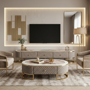 Stand TV et Table Centrale Marbre Taupe – Collection Luxe Contemporain