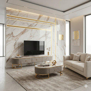 Stand TV et Table Centrale Marbre Taupe – Collection Luxe Contemporain
