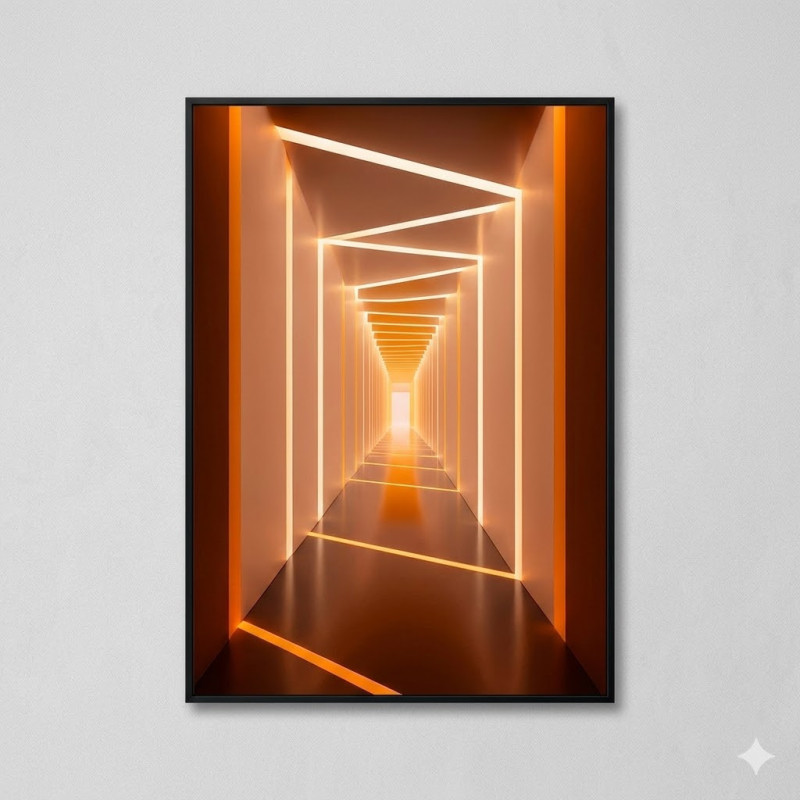 Tableau Mural d'Art Moderne – Tunnel Lumineux 3D Orange et Cuivré