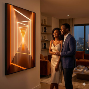 Tableau Mural d'Art Moderne – Tunnel Lumineux 3D Orange et Cuivré
