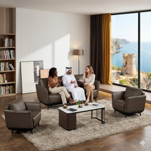 Salon moderne de couleur marron avec une table basse blanche - Y9902