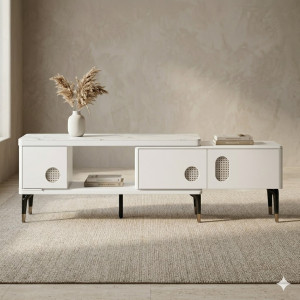 Meuble TV Moderne Blanc et Marbre – Design Contemporain avec Rangements Intégrés