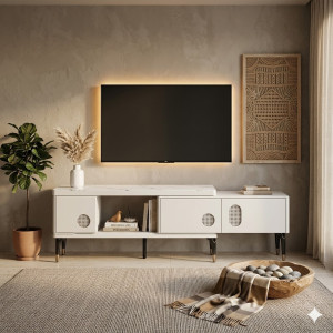 Meuble TV Moderne Blanc et Marbre – Design Contemporain avec Rangements Intégrés