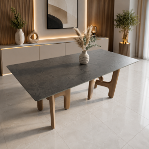 Table à manger moderne en pierre frittée avec base en bois - T-85