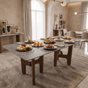 Table à manger moderne en pierre frittée avec base en bois - T-85