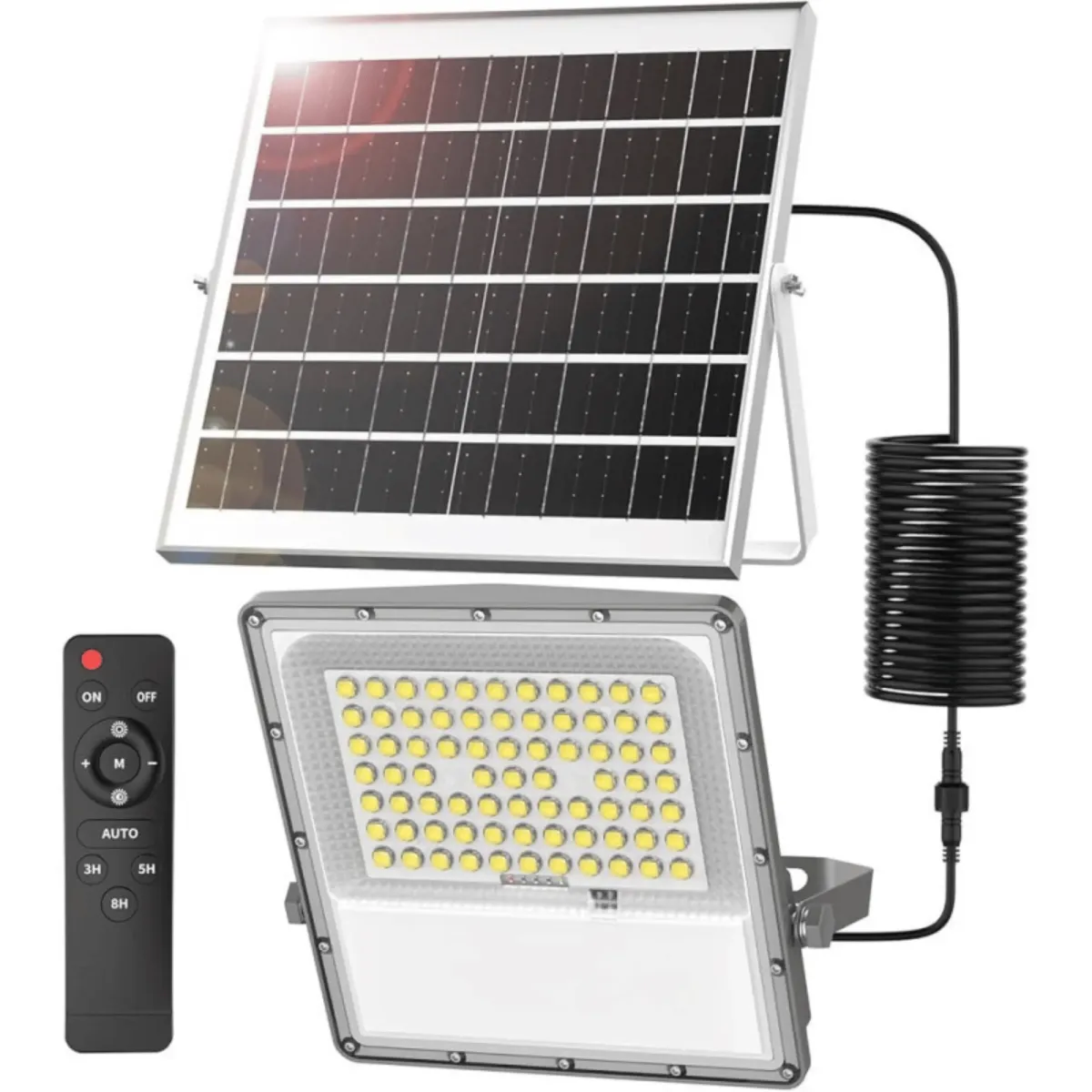 Projecteur LED SOLAIRE 100W 6500K AVEC PANNEAU DEPORTE + DETECTEUR DE MOUVEMENT + TELECOMMANDE - PROTEC - LED-TE-100W-B