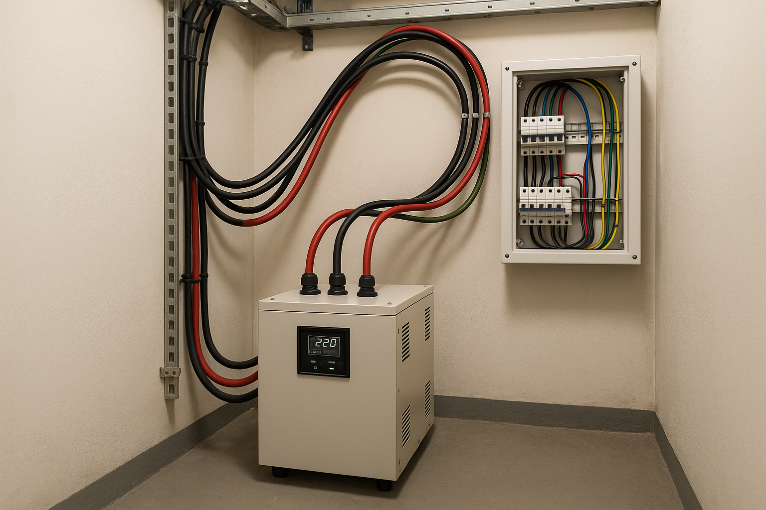 Stabilisateur de tension installé près d’un tableau électrique pour protéger des équipements