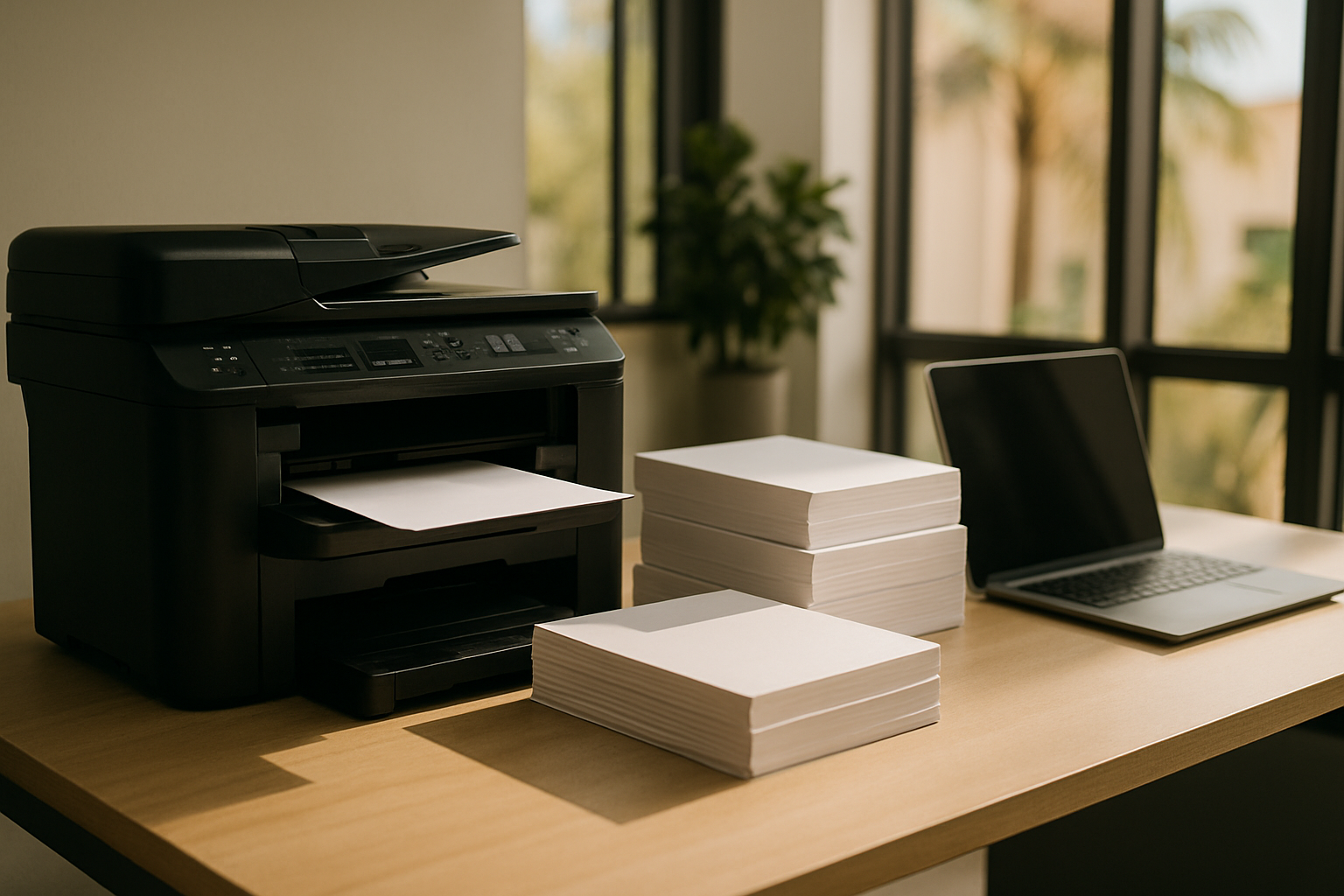 Imprimante multifonction installée sur un bureau, prête pour l’impression et la numérisation