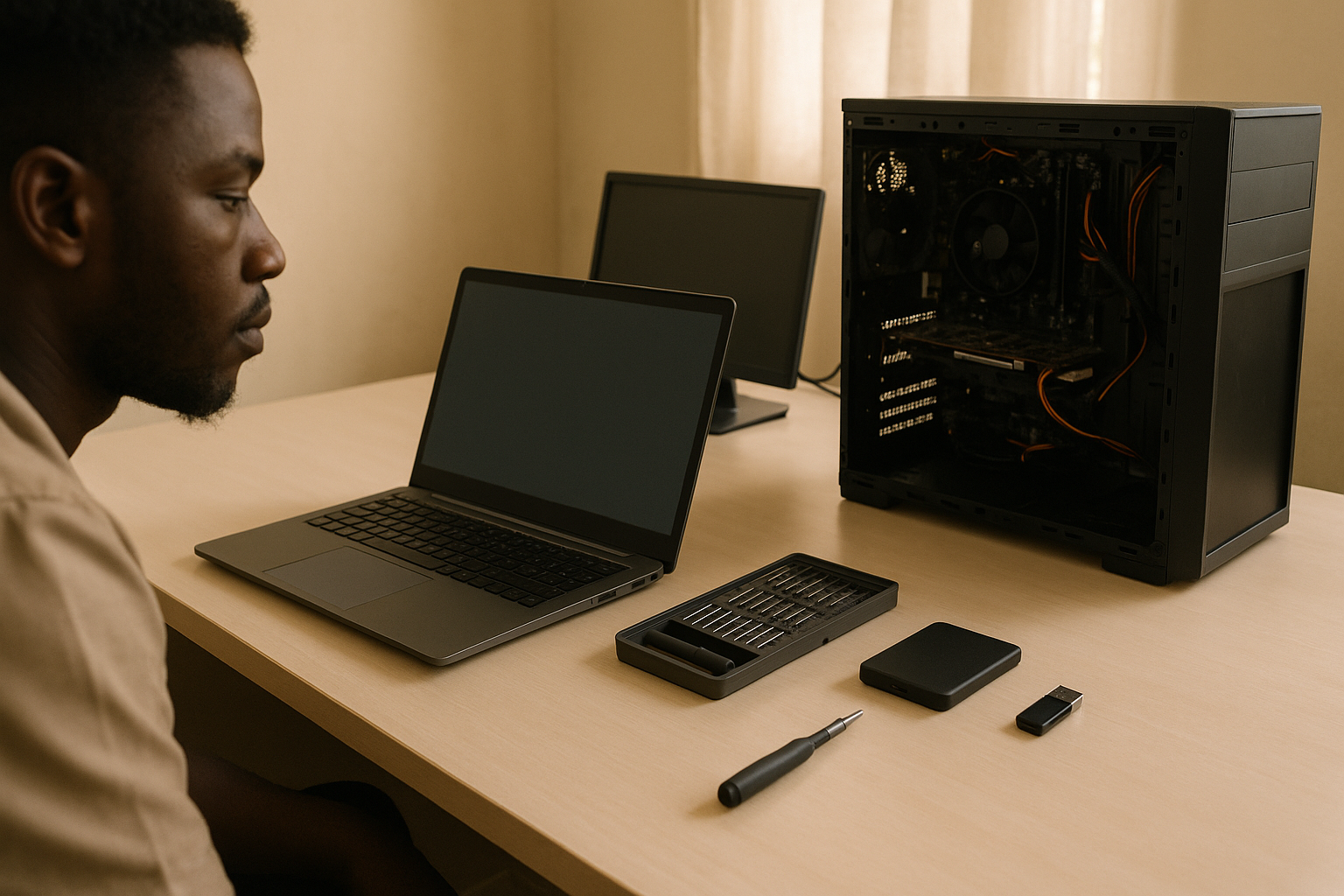 Poste de travail de dépannage informatique avec PC et outils de diagnostic