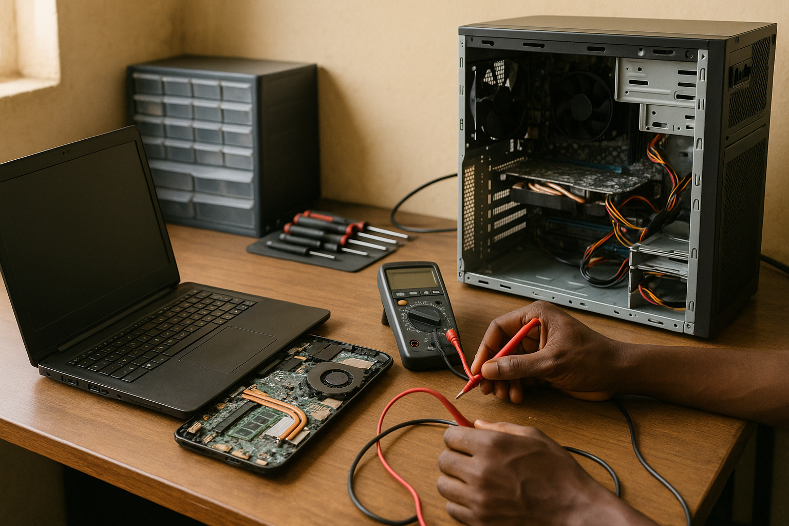 Atelier de dépannage informatique avec ordinateur portable et PC de bureau en cours de diagnostic