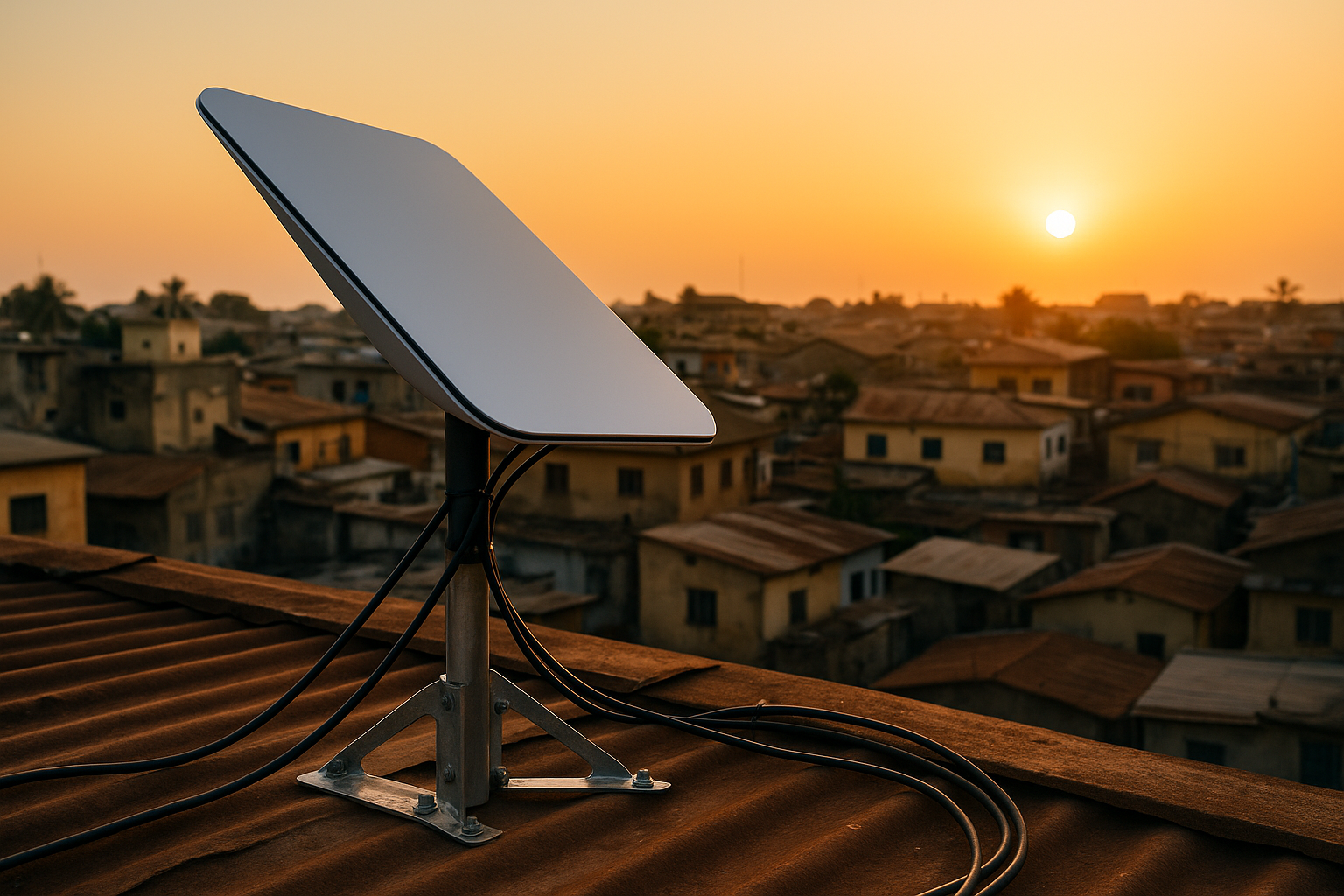 Antenne satellite installée sur un toit en Côte d’Ivoire pour une connexion Starlink