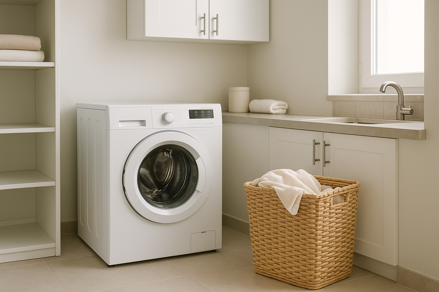 Machine à laver dans une buanderie moderne avec panier à linge
